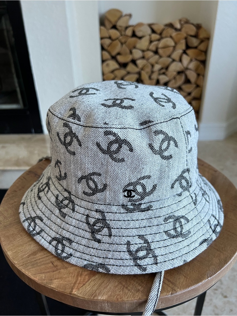 CHANEL Gray and Black CC Monogram Bucket Hat